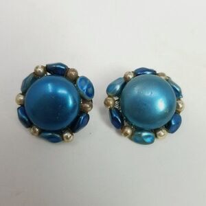 Vintage Blue Beaded Cluster Clip On Earrings, Made in Japan, Estate